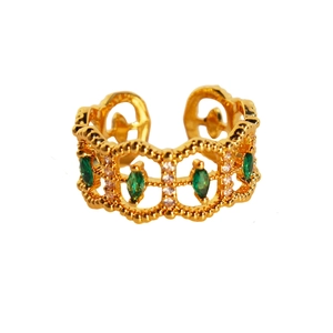 Vintage brass gold plated lace ring with marquise emerald zircon and hollow design