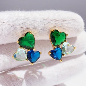 Heart Stud Earrings Brass Multicolored Zircon With 925 Sterling Silver Earring Post Chic Sweet Light Luxury Jewelry Women