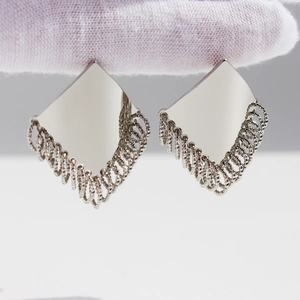 Elegant silver geometric earrings with diamond shape and beaded tassel fringe