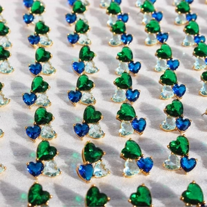 Three-color heart zircon stud earrings with emerald, sapphire, and light blue stones