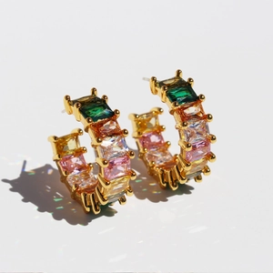 C-Shaped Hoop Earrings With Rainbow Zircon And 925 Sterling Silver Earring Post Colorful Fashion Jewelry For Women