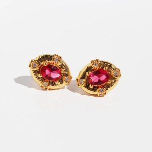 Vintage Oval Red Zircon Stud Earrings With 925 Sterling Silver Earring Post Brass Gold Plated Palace Style For Women