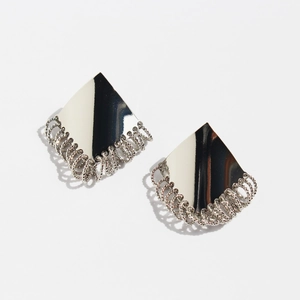 Silver geometric rhombus tassel earrings with multiple chain hoops and polished finish