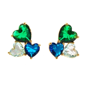 Creative gold heart stud earrings with blue, green, and white heart-shaped zircons