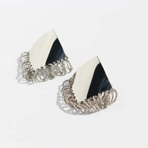 Silver geometric rhombus fringe earrings with layered tassel rings in minimalist style