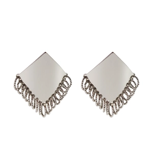 Silver geometric rhombus stud earrings with multi-layered metal ring fringe tassels