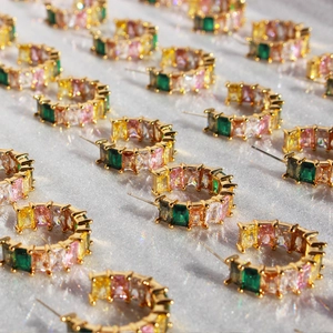 Rainbow cubic zirconia C-shape hoop earrings with emerald cut colorful gemstones
