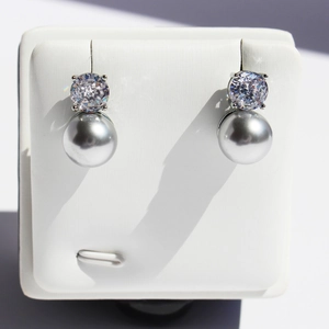 Grey Round Artificial Pearl And Zircon Stud Earrings With 925 Sterling Silver Earring Post Brass Base Elegant Fashion Jewelry Women