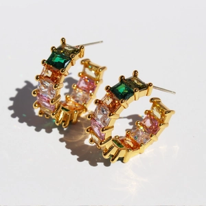 Chic gold C-shaped hoop earrings with colorful rainbow emerald-cut zircon stones