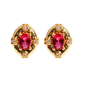 Vintage oval gold earrings with red zircon stones and embossed palace style detail