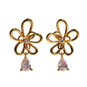 Elegant gold flower earrings with hollow petals and teardrop zircon pendants