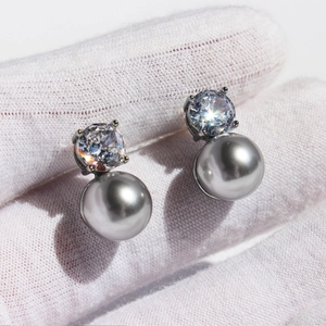Elegant S925 sterling silver earrings with grey round pearls and white cubic zirconia accents