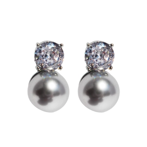 S925 silver stud earrings with sparkling cubic zirconia and round grey pearls