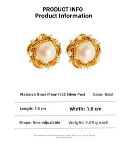 Detail showing vintage french twist gold pearl earrings made of brass and 925 silver
