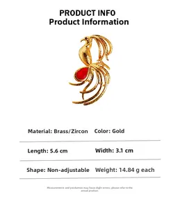 Detail showing high-quality brass phoenix brooch with red zircon and brushed gold finish