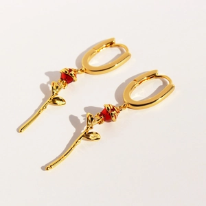 Rose Flower Drop Earrings Red Enamel Brass Gold Plated U Shaped Hoop Dangle Elegant Vintage Floral Jewelry For Women