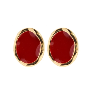 Retro gouden ovale oorknopjes met donkerrood emaille en gegolfde metalen rand