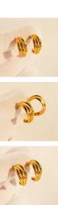Macro shot of tiered C-shaped gold-plated brass earrings with leaf-like textures