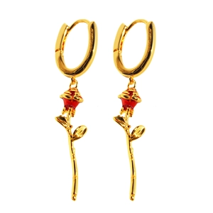 Gold U-shaped hoop earrings with red enamel rose pendant for elegant women's style
