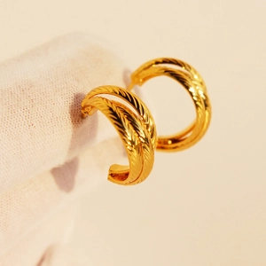Gold plated brass earrings with faceted multi-layer C-ring design and wheat grain texture