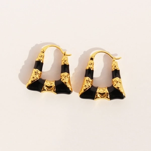 Créoles Trapèze Boucles Oreilles Géométriques Vintage Laiton Métal Texturé Émail Noir Bijoux Rétro Pour Femmes