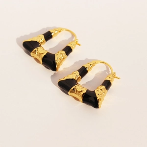 Boucles d'oreilles trapèze vintage en métal doré avec texture émail noir géométrique
