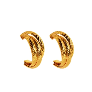 Three-layer gold-plated C-shape earrings with intricate leaf pattern texture and metallic shine