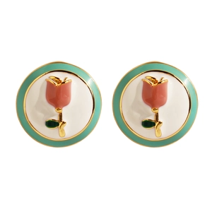 Elegant round enamel tulip earrings with pink floral patterns and gold-plated edges