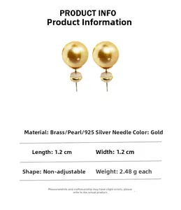 Detailed view of dual-pearl stud earrings featuring brass base and 925 silver needles