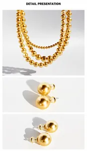 Detail presentation of triple-layer gold pearl necklace and matching stud earrings set