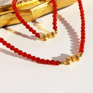 Collier Et Bracelet En Agate Rouge Perles Faites À La Main Pendentif Noeud Laiton Zircon Bijoux Rétro Nouvel An Pour Femmes