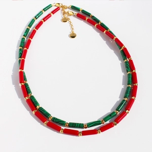 Collier en Perles de Malachite et Laiton Rétro pour Femmes Nouveau Style Chinois Perles Cylindriques en Pierre Rouge Bijoux Cadeau