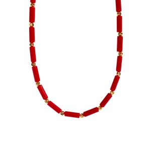 Collier rétro perlé avec perles cylindriques rouge vif et billes dorées à facettes