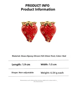 Detail showing red enamel strawberry earrings with pink zircon and 925 silver needles