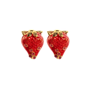 Artistic red enamel strawberry earrings with golden leaves and pink rhinestones