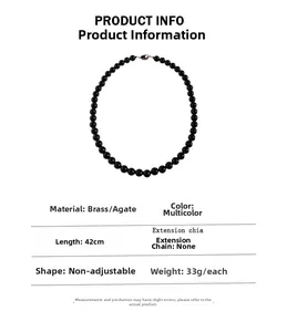 Detailed spec sheet for 42cm black agate beaded necklace with a brass clasp closure