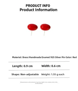 Detail showing red enamel cherry stud earrings with 925 silver needles and dimensions