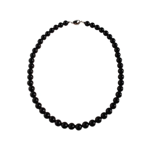 Elegant polished black agate beaded necklace with classic silver metal buckle closure