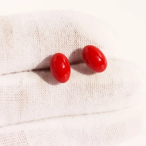 Exquisite red cherry enamel stud earrings for women with polished oval red coral finish