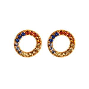 Elegant gold round stud earrings with rainbow gradient cubic zirconia micro-pave crystals