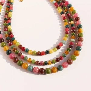 Collier Bracelet Perles Tourmaline Naturelle Arc-en-Ciel Pour Femmes Laiton Plaqué Or Bijoux De Style Bohémien