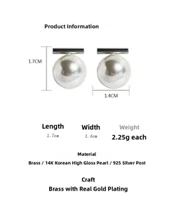 Detail view of 14mm high-gloss pearl earrings with dimensions and material specs