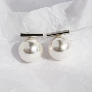 Minimalist Large Artificial Pearl Stud Earrings Horizontal Bar Gold Plated Brass With 925 Sterling Silver Earring Post Elegant Style