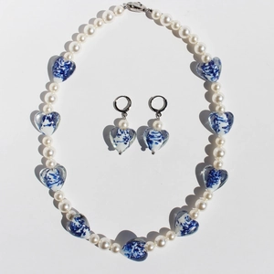 Heart Necklace And Earrings Jewelry Blue White Porcelain Pattern Glass Lampwork Artificial Pearls Retro Chinese Style Women