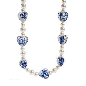 Retro blue and white porcelain heart pendant necklace with elegant white pearls