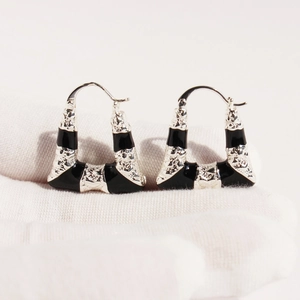 Boucles D'oreilles Trapèze Géométriques Vintage Pour Femmes Laiton Émail Noir Contraste Bijoux De Mode Texturés
