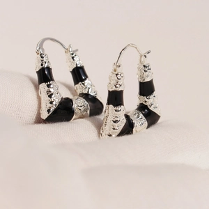 Boucles d'oreilles géométriques vintage en émail noir et argent avec motif floral