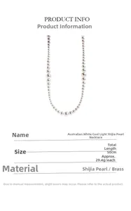 Detailed size and material specifications for gradient white pearl necklace with brass clasp
