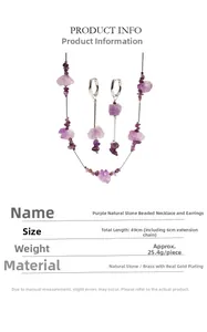 Detail view of purple natural stone beaded necklace with brass plated gold earrings set