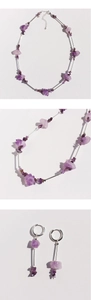 Macro detail of irregular purple raw amethyst stone necklace and silver earring set